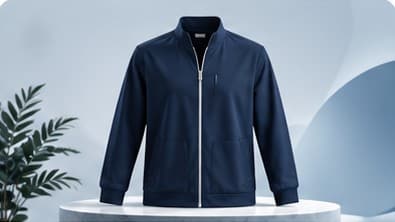 Navy SevaWear zip jacket on a marble stand (placeholder image)