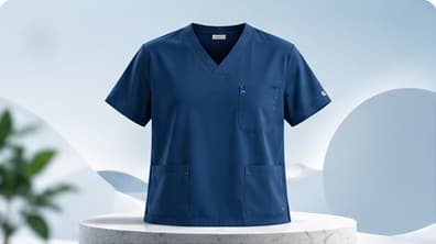 Navy SevaWear scrub top on a marble stand (placeholder image)