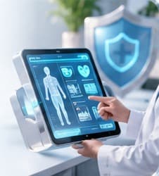 Clinician reviewing a patient record on a tablet